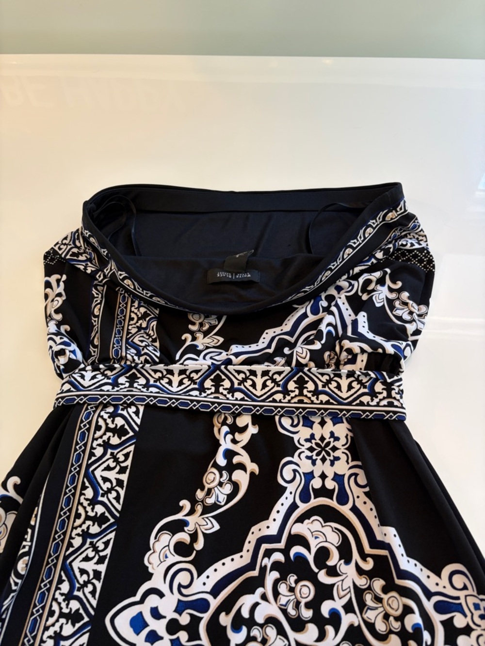 White House Black Market Strapless Black, White & Blue Printed Tie-Waist Dress - Picture 7 of 10